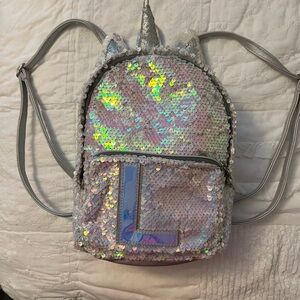 Justice Girls Mini Backpack Silver Unicorn Flip Sequin Initial "L”